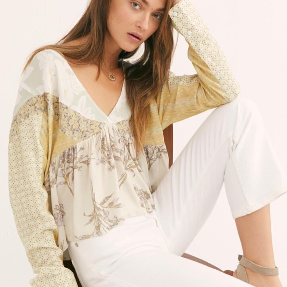 Free People Aloha State of Mind mixed print patchwork blouse